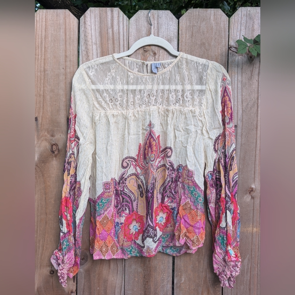Anthropologie Bl^nk London boho long sleeve shirred blouse metallic details